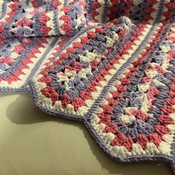 Handmade Pink, White, & Grey Scalloped Edge Crochet Throw Blanket